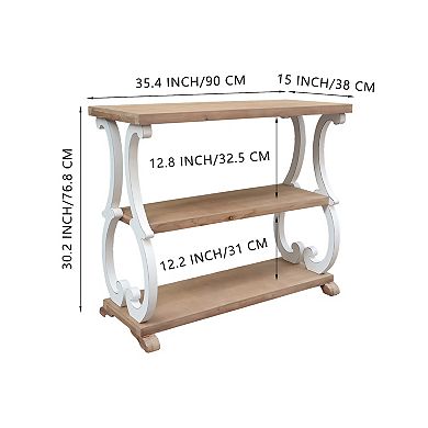 Parisloft Farmhouse Rustic 3-Tier Shelved, Curved Legs Console Table, Natural Wood/White