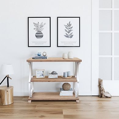 Parisloft Farmhouse Rustic 3-Tier Shelved, Curved Legs Console Table, Natural Wood/White