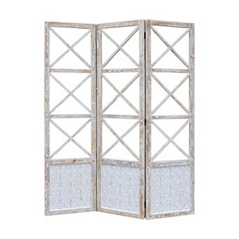 Parisloft 3 Panel Farmhouse Whitewashed Carved Wood Foldable Floor Divider Screen, 55.5 x 72.8"H