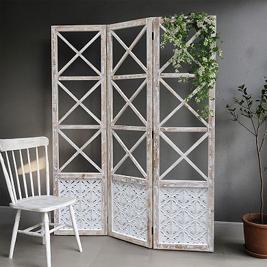 Parisloft 3 Panel Farmhouse Whitewashed Carved Wood Foldable Floor Divider Screen, 55.5 x 72.8"H