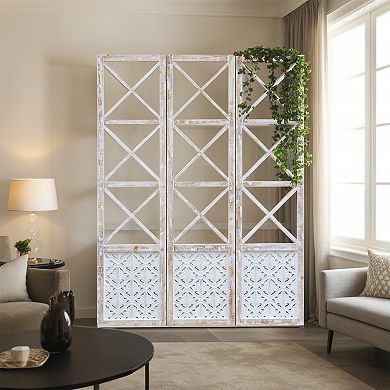 Parisloft 3 Panel Farmhouse Whitewashed Carved Wood Foldable Floor Divider Screen, 55.5 x 72.8"H