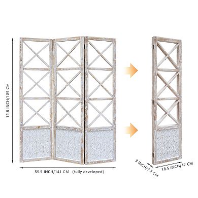 Parisloft 3 Panel Farmhouse Whitewashed Carved Wood Foldable Floor Divider Screen, 55.5 x 72.8"H