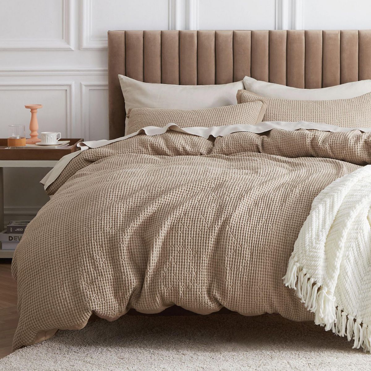 Bedsure GentleSoft™ 3-pc. Cotton Waffle Weave Reversible Duvet Cover Set - Khaki, QUEEN