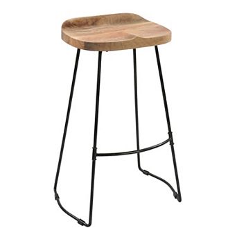 Tiva 30 Inch Handcrafted Backless Barstool, Natural Brown Mango Wood Saddle Seat, Black Metal Base