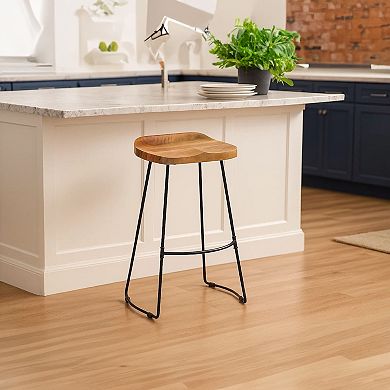 Tiva 30 Inch Handcrafted Backless Barstool, Natural Brown Mango Wood Saddle Seat, Black Metal Base