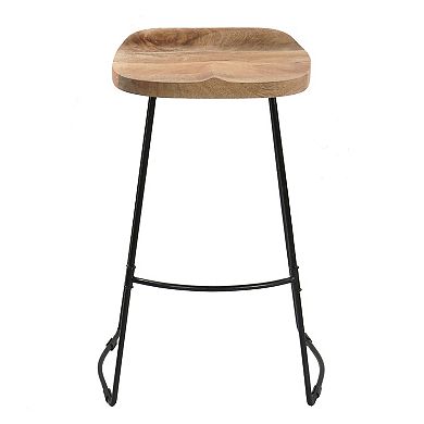 Tiva 30 Inch Handcrafted Backless Barstool, Natural Brown Mango Wood Saddle Seat, Black Metal Base