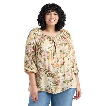 Plus Size AB Studio Floral Three-Quarter Blouson Sleeve Peasant Blouse