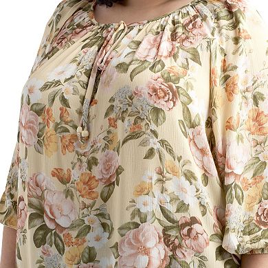 Plus Size AB Studio Floral Three-Quarter Blouson Sleeve Peasant Blouse