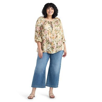 Plus Size AB Studio Floral Three-Quarter Blouson Sleeve Peasant Blouse