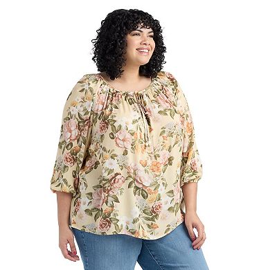 Plus Size AB Studio Floral Three-Quarter Blouson Sleeve Peasant Blouse