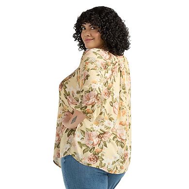 Plus Size AB Studio Floral Three-Quarter Blouson Sleeve Peasant Blouse