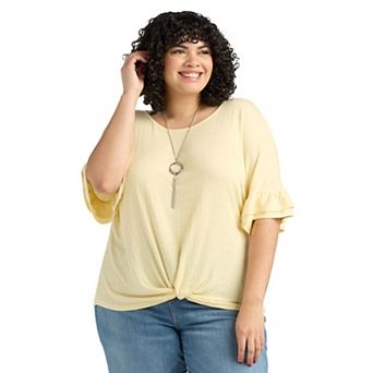 Plus Size AB Studio Dolman Flounce Sleeve Top with Necklace