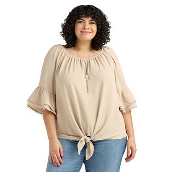 Plus Size AB Studio Flounce Elbow Sleeve Tie Hem Peasant Top with Necklace