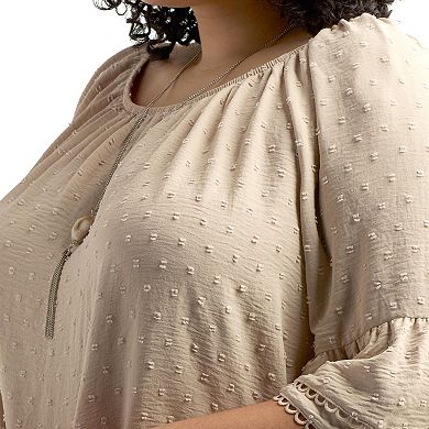 Plus Size AB Studio Flounce Elbow Sleeve Tie Hem Peasant Top with Necklace