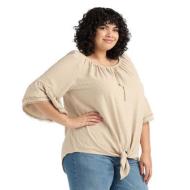 Plus Size AB Studio Flounce Elbow Sleeve Tie Hem Peasant Top with Necklace
