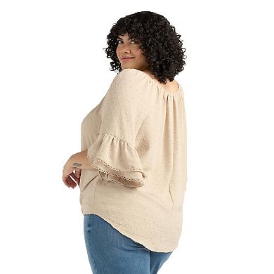 Plus Size AB Studio Flounce Elbow Sleeve Tie Hem Peasant Top with Necklace