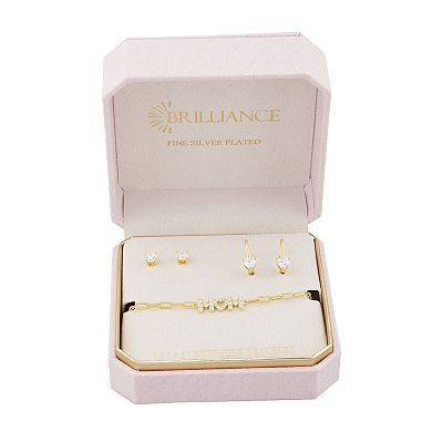 Brilliance Round & Heart Cubic Zirconia Earrings & "MOM" Bracelet Set