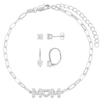 Brilliance Round & Heart Cubic Zirconia Earrings & "MOM" Bracelet Set