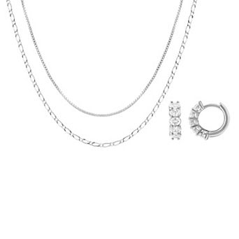 Brilliance Fine Silver-Plated Cubic Zirconia Hoop Earrings & Double Layer Chain Necklace Set