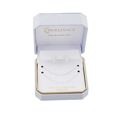 Brilliance Fine Silver-Plated Cubic Zirconia Hoop Earrings & Double Layer Chain Necklace Set