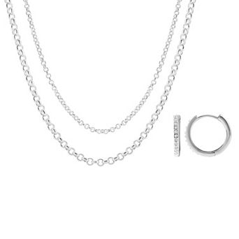 Brilliance Fine Silver-Plated Cubic Zirconia Hoop Earrings & Double Layer Chain Necklace Set