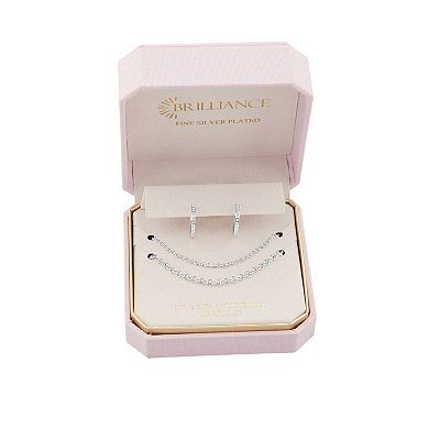 Brilliance Fine Silver-Plated Cubic Zirconia Hoop Earrings & Double Layer Chain Necklace Set