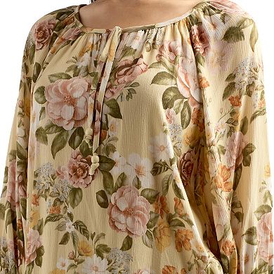 Women's AB Studio Floral Three-Quarter Sleeve Blouson Sleeve Top