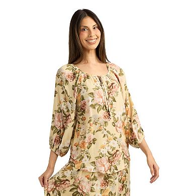 Women's AB Studio Floral Three-Quarter Sleeve Blouson Sleeve Top