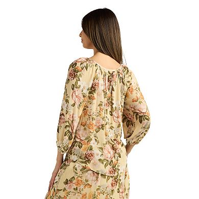 Women's AB Studio Floral Three-Quarter Sleeve Blouson Sleeve Top