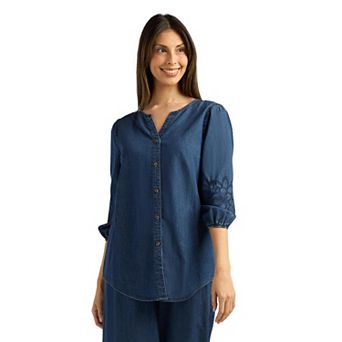 Women's AB Studio Embroidered Three-Quarter Blouson Sleeve Top
