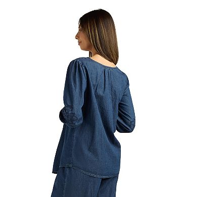 Women's AB Studio Embroidered Three-Quarter Blouson Sleeve Top