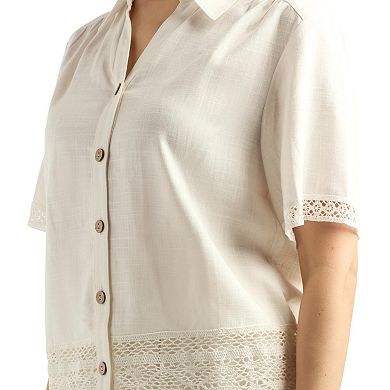 Women's AB Studio Lace Trim Button Front Top