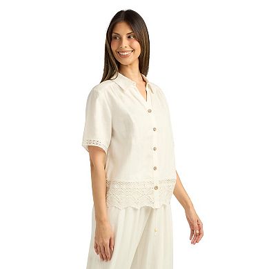 Women's AB Studio Lace Trim Button Front Top