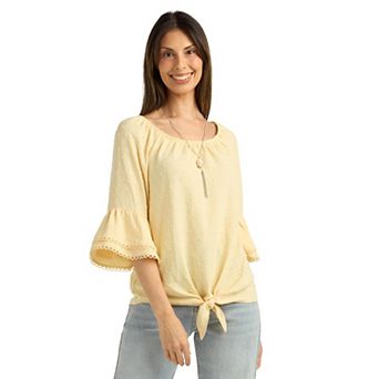 Women's AB Studio Flounce Elbow Sleeve Tie Hem Peasant Top with Necklace