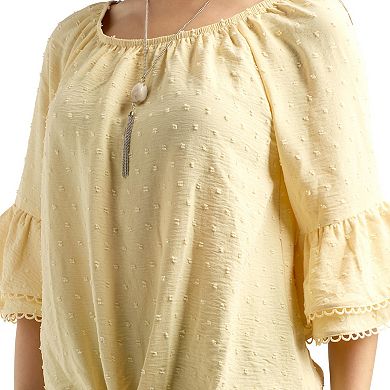 Women's AB Studio Flounce Elbow Sleeve Tie Hem Peasant Top with Necklace