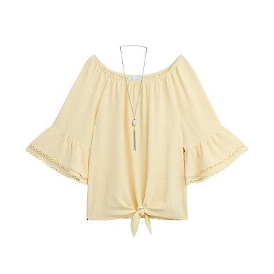 Women's AB Studio Flounce Elbow Sleeve Tie Hem Peasant Top with Necklace