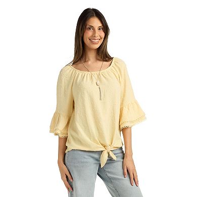 Women's AB Studio Flounce Elbow Sleeve Tie Hem Peasant Top with Necklace