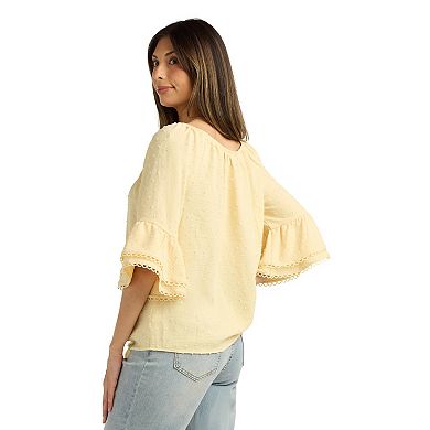 Women's AB Studio Flounce Elbow Sleeve Tie Hem Peasant Top with Necklace