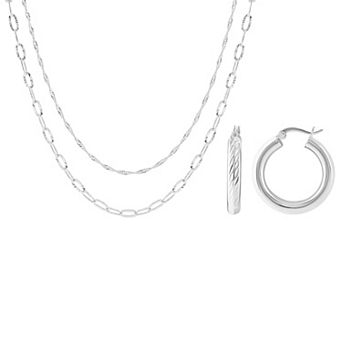 Brilliance Fine Silver-Plated Diamond-Cut Hoop Earrings & Double Layer Chain Necklace Set