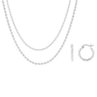 Brilliance Fine Silver-Plated Mesh Hoop Earrings & Double Layer Chain Necklace Set