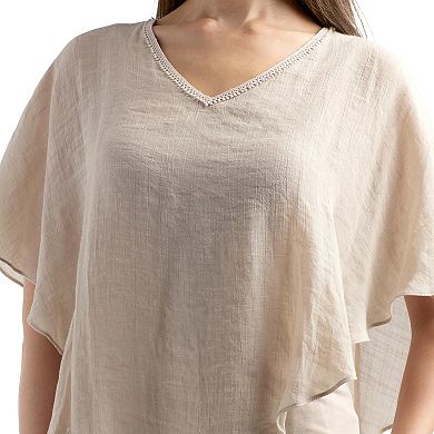 Women's AB Studio Crochet Back Trim V-Neck Top