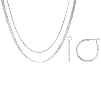 Brilliance Cubic Zirconia Hoop Earrings & Double Layer Chain Necklace Set