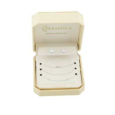 Brilliance Cubic Zirconia Stud Earrings & Triple Layer Cable Beaded Necklace Set