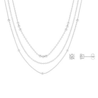 Brilliance Cubic Zirconia Stud Earrings & Triple Layer Cable Beaded Necklace Set