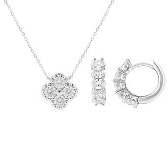 Brilliance Fine Silver-Plated Cubic Zirconia Hoop Earrings & Clover Necklace Set