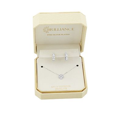 Brilliance Fine Silver-Plated Cubic Zirconia Hoop Earrings & Clover Necklace Set
