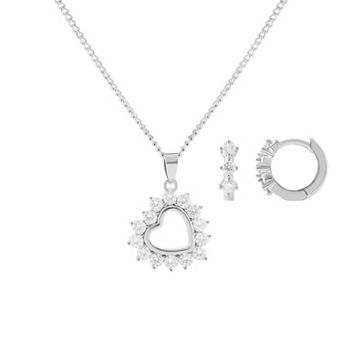 Brilliance Fine Silver-Plated Cubic Zirconia Hoop Earrings & Heart Pendant Necklace Set
