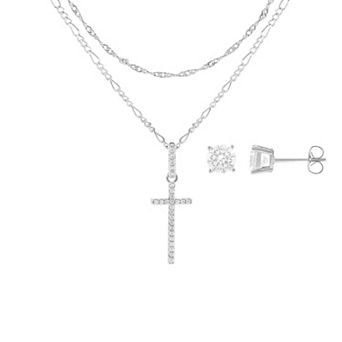 Brilliance Fine Silver-Plated Cubic Zirconia Stud Earrings & Cross Necklace Set