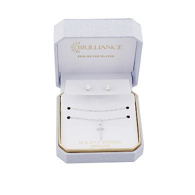 Brilliance Fine Silver-Plated Cubic Zirconia Stud Earrings & Cross Necklace Set