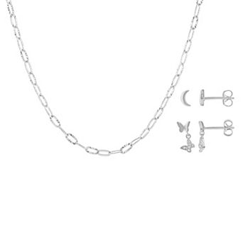 Brilliance 2-Pair Fine Silver-Plated Cubic Zirconia Crescent Moon & Butterfly Drop Earrings & Chain Set